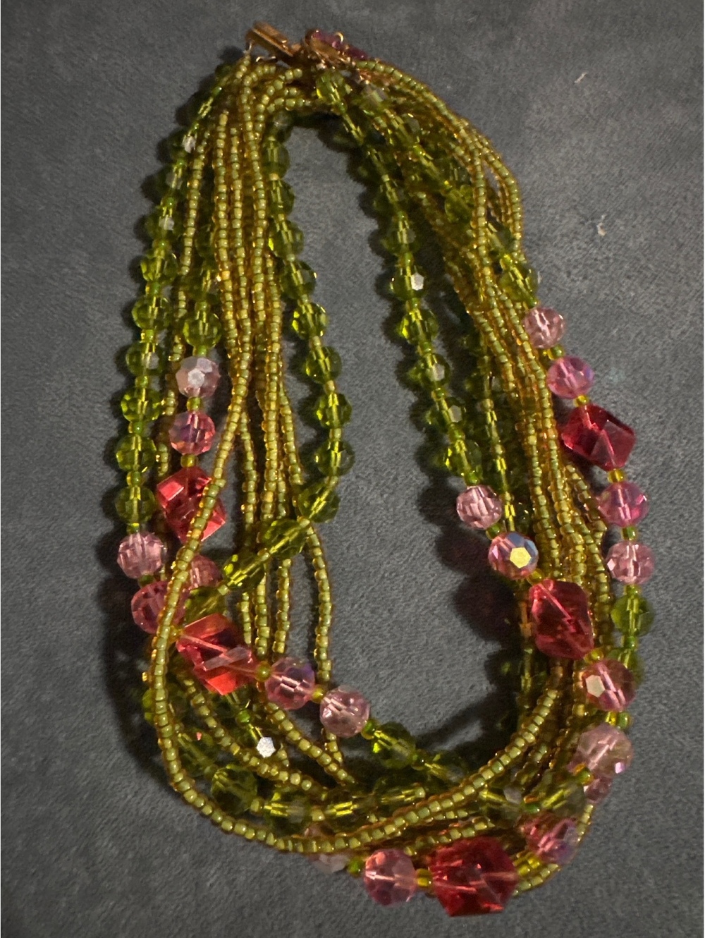 Vintage 1960s Multi-Strand Seed Bead & Pink Crystal Collar Necklace
